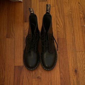 Dr. Martens Black Leather Lace-Up Combat Boots with Yellow Stitching